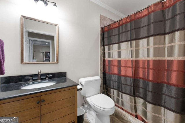 7430 Ramsgate Ct, Cumming, GA 30040 - bathroom featuring vanity, ornamental molding, and a shower with curtain