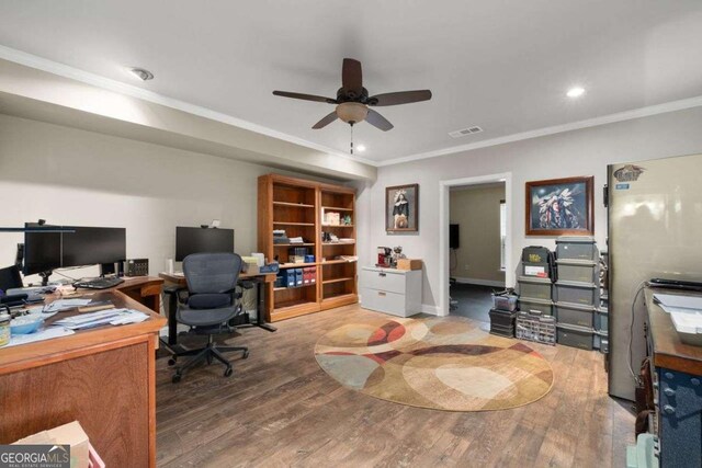 7430 Ramsgate Ct, Cumming, GA 30040 - office with ornamental molding, a ceiling fan, wood finished floors, and recessed lighting
