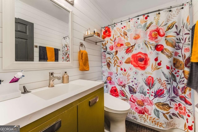 2468 Fallview Ter, Atlanta, GA 30344 - bathroom featuring vanity, wood walls, and a shower with curtain