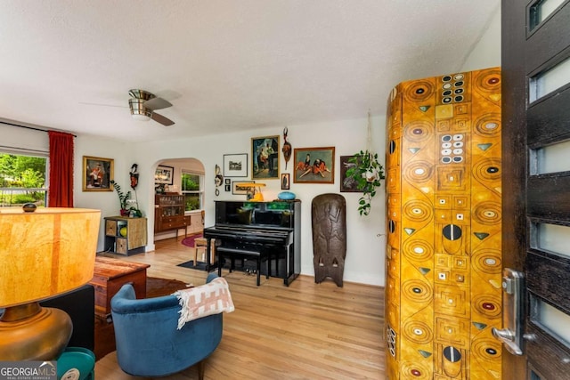 2468 Fallview Ter, Atlanta, GA 30344 - living room featuring arched walkways, light wood-type flooring, and ceiling fan
