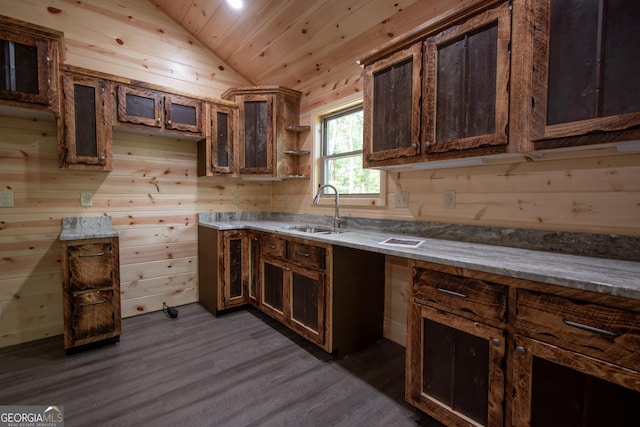 155 Stonecrest Ln, Murphy, NC 28906 - kitchen with vaulted ceiling, dark wood finished floors, wooden ceiling, and wood walls