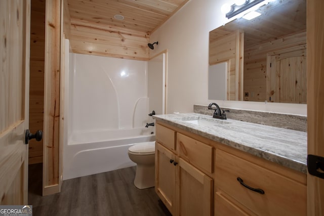 155 Stonecrest Ln, Murphy, NC 28906 - bathroom featuring wood ceiling, vanity, wood finished floors, bathtub / shower combination, and wood walls