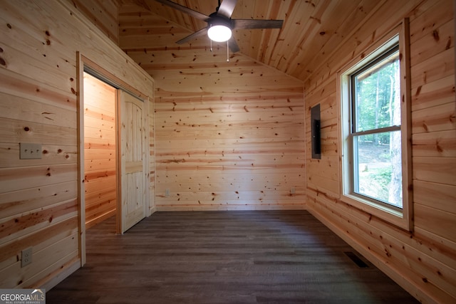 155 Stonecrest Ln, Murphy, NC 28906 - additional living space with wooden walls, wood ceiling, a ceiling fan, lofted ceiling, and dark wood-style flooring