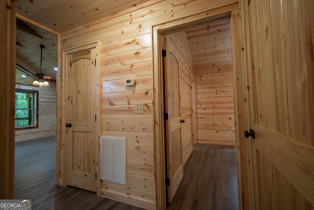 155 Stonecrest Ln, Murphy, NC 28906 - corridor with dark wood-style floors, wood walls, and wooden ceiling