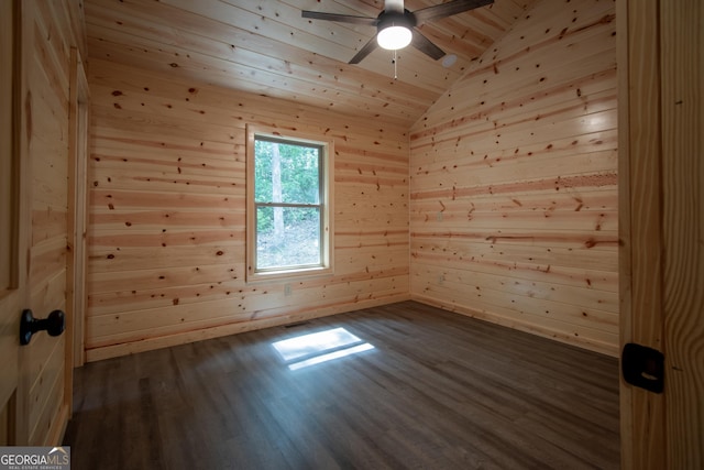 155 Stonecrest Ln, Murphy, NC 28906 - unfurnished room featuring wooden ceiling, lofted ceiling, dark wood-style flooring, a ceiling fan, and wooden walls
