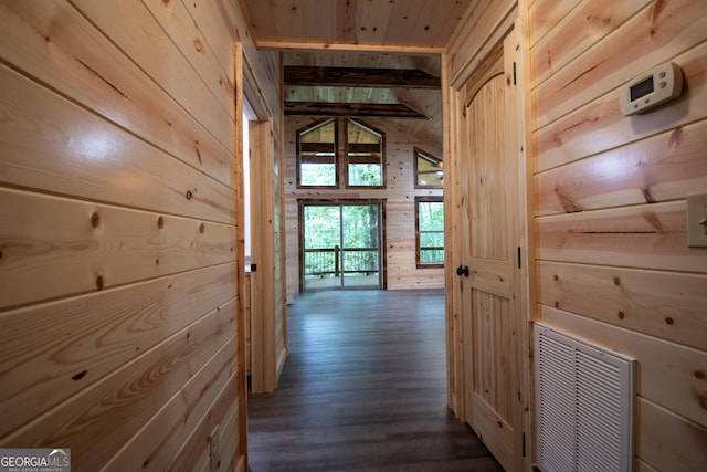 155 Stonecrest Ln, Murphy, NC 28906 - hallway featuring wooden walls, dark wood-type flooring, and wooden ceiling
