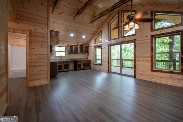 155 Stonecrest Ln, Murphy, NC 28906 - unfurnished living room with wooden walls, dark wood-type flooring, a wooden ceiling with exposed beams, a ceiling fan, and high vaulted ceiling