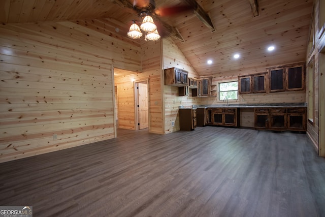 155 Stonecrest Ln, Murphy, NC 28906 - unfurnished living room featuring a wood ceiling with exposed beams, dark wood-type flooring, a chandelier, wooden walls, and high vaulted ceiling