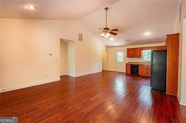 118 High Ridge Ln, Dahlonega, GA 30533 - unfurnished living room with ceiling fan, vaulted ceiling, and dark wood-style flooring