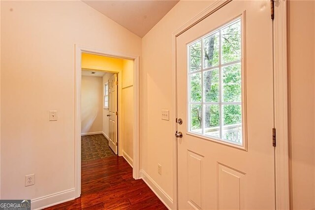 118 High Ridge Ln, Dahlonega, GA 30533 - entryway featuring plenty of natural light, lofted ceiling, and dark wood finished floors