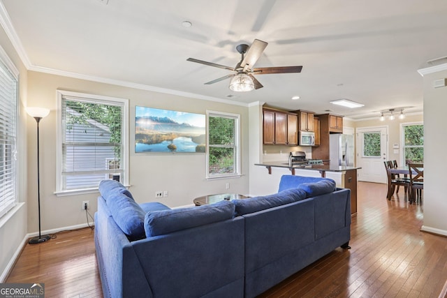 532 Lemon St NE, Marietta, GA 30060 - living room featuring dark wood-style flooring, healthy amount of natural light, ceiling fan, and ornamental molding