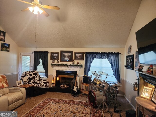 115 Settlers Trl, Warner Robins, GA 31088 - carpeted living area featuring vaulted ceiling, a fireplace, ceiling fan, healthy amount of natural light, and a textured ceiling