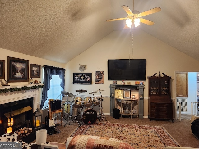 115 Settlers Trl, Warner Robins, GA 31088 - carpeted living room featuring ceiling fan, vaulted ceiling, a fireplace, and a textured ceiling