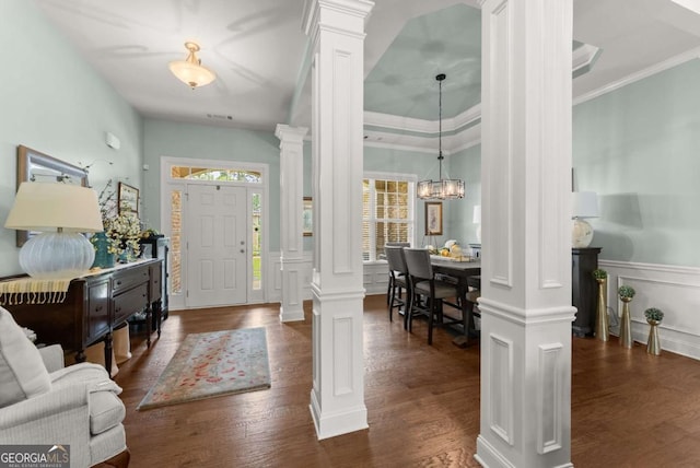 6460 Valley Crossing Way, Cumming, GA 30028 - foyer with decorative columns, plenty of natural light, a decorative wall, wood finished floors, and ornamental molding