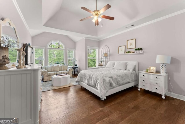 6460 Valley Crossing Way, Cumming, GA 30028 - bedroom featuring dark wood finished floors, vaulted ceiling, ceiling fan, and crown molding