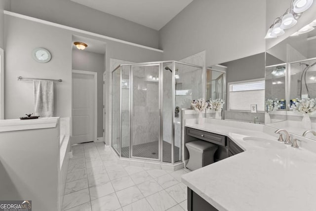 6460 Valley Crossing Way, Cumming, GA 30028 - full bathroom with marble look tile flooring, a shower stall, and vanity