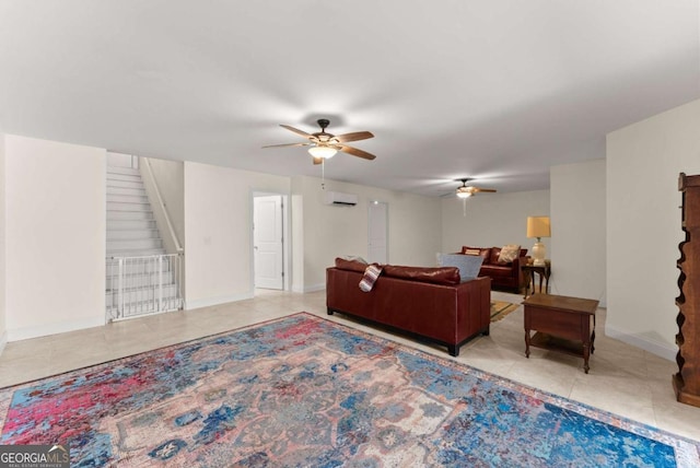 6460 Valley Crossing Way, Cumming, GA 30028 - living room with a ceiling fan, tile patterned flooring, stairs, and a wall mounted AC