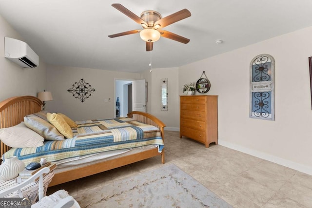 6460 Valley Crossing Way, Cumming, GA 30028 - bedroom with a wall unit AC, light tile patterned floors, and ceiling fan