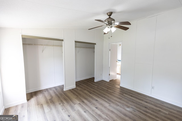 179 Autumnwood Way, Cleveland, GA 30528 - unfurnished bedroom with multiple closets, wood finished floors, and a ceiling fan