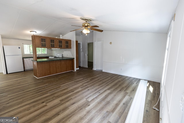 179 Autumnwood Way, Cleveland, GA 30528 - kitchen with freestanding refrigerator, dishwashing machine, open floor plan, a peninsula, and dark countertops