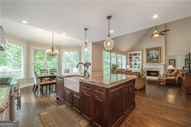 660 Glendalough Ct, Alpharetta, GA 30004 - kitchen featuring lofted ceiling, healthy amount of natural light, dark wood finished floors, a fireplace, and light stone counters