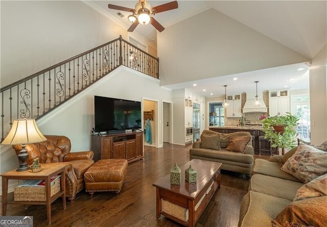 660 Glendalough Ct, Alpharetta, GA 30004 - living room with ceiling fan, dark wood-style floors, plenty of natural light, stairs, and recessed lighting
