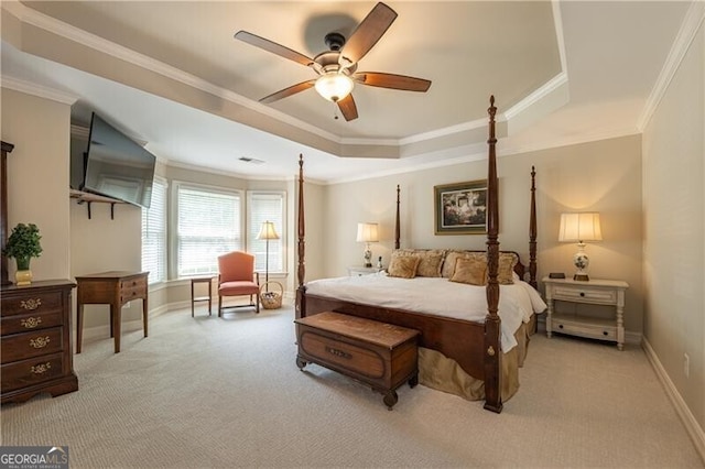 660 Glendalough Ct, Alpharetta, GA 30004 - bedroom featuring a tray ceiling, light carpet, ornamental molding, and ceiling fan