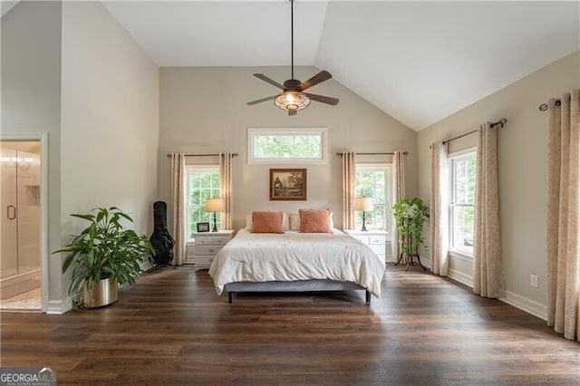 660 Glendalough Ct, Alpharetta, GA 30004 - bedroom featuring high vaulted ceiling, wood finished floors, connected bathroom, and ceiling fan