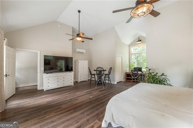 660 Glendalough Ct, Alpharetta, GA 30004 - bedroom featuring high vaulted ceiling, dark wood-style flooring, and ceiling fan
