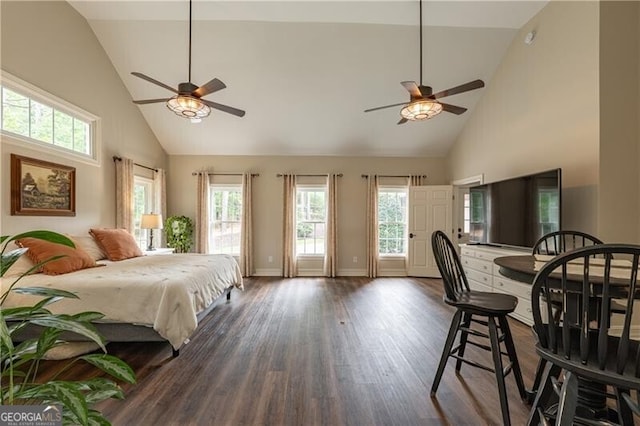 660 Glendalough Ct, Alpharetta, GA 30004 - bedroom featuring high vaulted ceiling, dark wood-style floors, multiple windows, and a ceiling fan