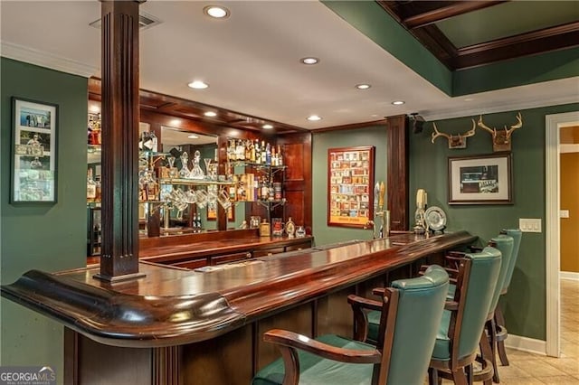 660 Glendalough Ct, Alpharetta, GA 30004 - indoor wet bar with ornamental molding, ornate columns, recessed lighting, and tile patterned floors