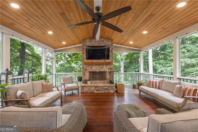 660 Glendalough Ct, Alpharetta, GA 30004 - sunroom / solarium featuring wooden ceiling, hardwood / wood-style floors, lofted ceiling, and a wooden deck
