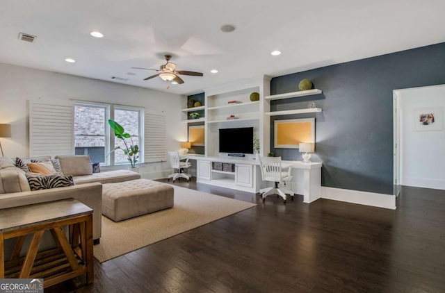 3467 Brookleigh Ln NE, Atlanta, GA 30319 - living room with a ceiling fan, wood finished floors, recessed lighting, and built in features