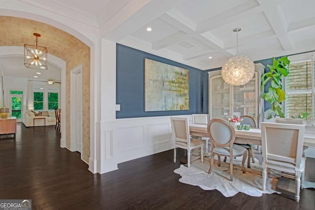 3467 Brookleigh Ln NE, Atlanta, GA 30319 - dining area with a chandelier, wood finished floors, healthy amount of natural light, beam ceiling, and recessed lighting