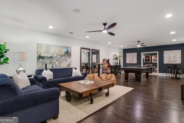 3467 Brookleigh Ln NE, Atlanta, GA 30319 - living area featuring recessed lighting, dark wood-style floors, a ceiling fan, and billiards table