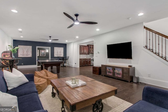 3467 Brookleigh Ln NE, Atlanta, GA 30319 - living area with pool table, ceiling fan, dark wood-type flooring, recessed lighting, and stairway