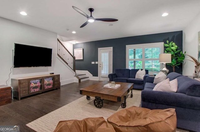 3467 Brookleigh Ln NE, Atlanta, GA 30319 - living area featuring a ceiling fan, wood finished floors, stairway, and recessed lighting