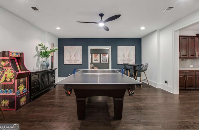 3467 Brookleigh Ln NE, Atlanta, GA 30319 - recreation room with a ceiling fan, dark wood-style flooring, and recessed lighting