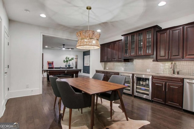 3467 Brookleigh Ln NE, Atlanta, GA 30319 - dining space with wine cooler, dark wood-style flooring, recessed lighting, and ceiling fan