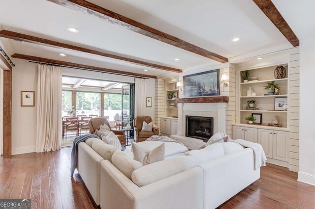 120 Slate Dr, Buford, GA 30518 - living room with wood-type flooring, a fireplace, beamed ceiling, and recessed lighting