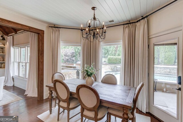 120 Slate Dr, Buford, GA 30518 - dining room with a chandelier, wood finished floors, and wooden ceiling