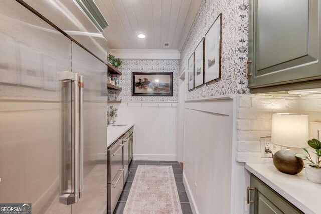120 Slate Dr, Buford, GA 30518 - full bath with a wainscoted wall, wallpapered walls, vanity, crown molding, and tile patterned flooring