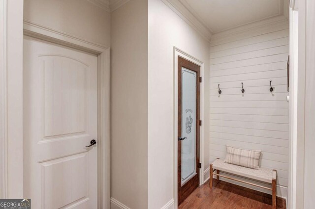 120 Slate Dr, Buford, GA 30518 - mudroom featuring ornamental molding, wood finished floors, and wooden walls