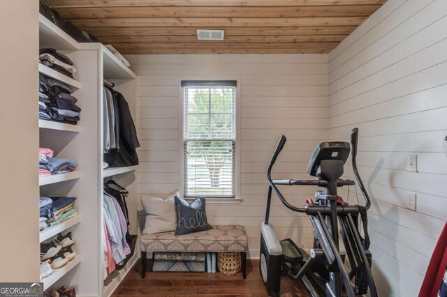 120 Slate Dr, Buford, GA 30518 - workout room featuring wooden ceiling, wooden walls, and wood finished floors