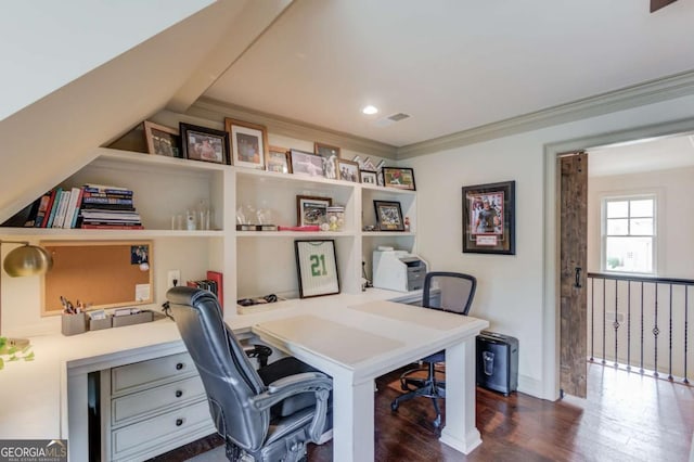 120 Slate Dr, Buford, GA 30518 - office with dark wood-style floors and crown molding