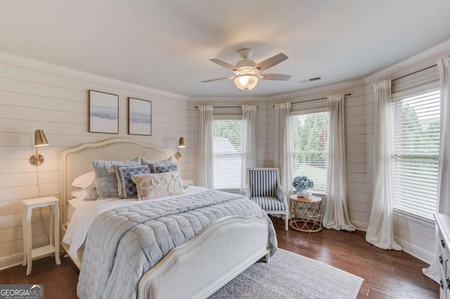 120 Slate Dr, Buford, GA 30518 - bedroom featuring wood finished floors, crown molding, a ceiling fan, and wood walls