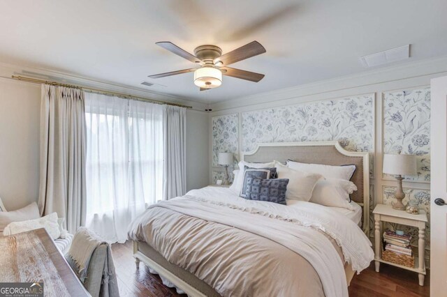120 Slate Dr, Buford, GA 30518 - bedroom featuring wood finished floors, ornamental molding, and ceiling fan
