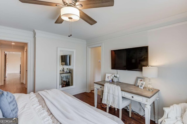 120 Slate Dr, Buford, GA 30518 - bedroom with wood finished floors, ornamental molding, and a ceiling fan