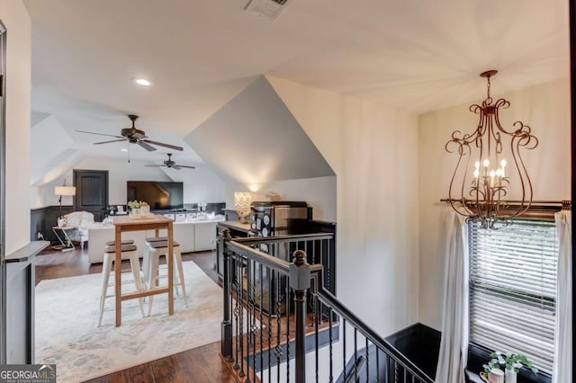 120 Slate Dr, Buford, GA 30518 - corridor featuring an upstairs landing, a chandelier, lofted ceiling, dark wood-type flooring, and recessed lighting