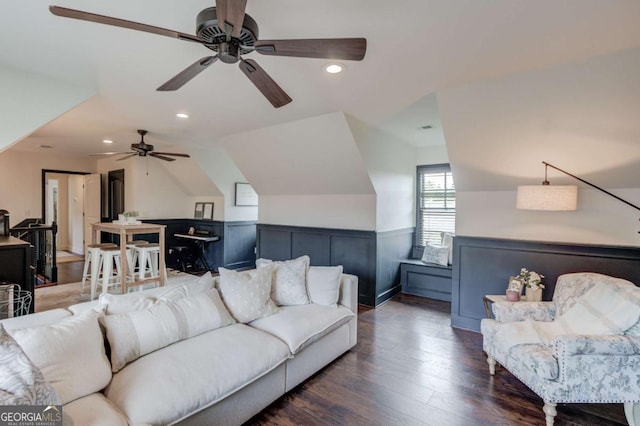 120 Slate Dr, Buford, GA 30518 - living room with wainscoting, ceiling fan, wood finished floors, and recessed lighting